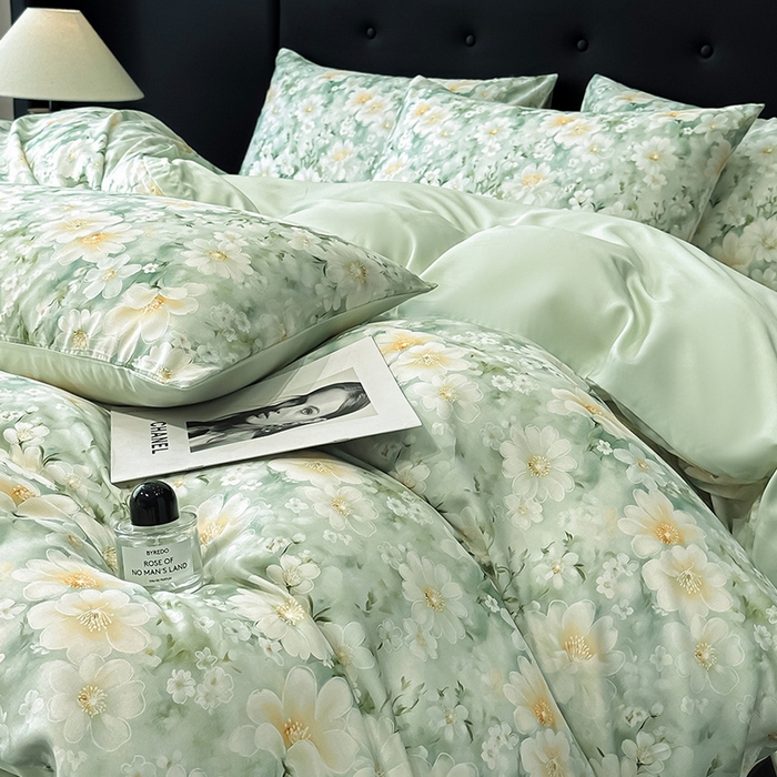 91家纺网 家纺一手货源 找家纺 慕晨 2025春夏新品莱赛尔天丝数码印花四件套莱赛尔夏被四件套天丝夏凉被直播热款 芳馨-绿