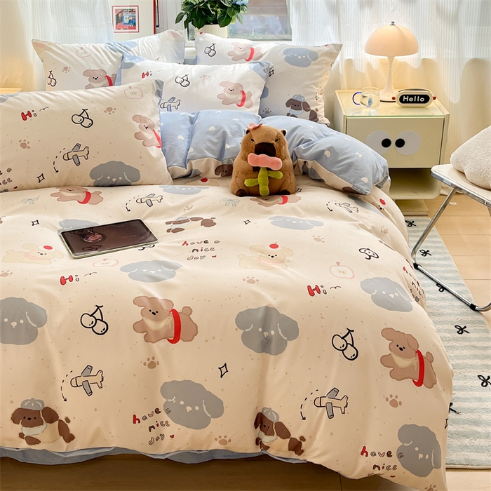 91家纺网 家纺一手货源 找家纺 盛秋家纺 2025新款水洗棉印花四件套-卡通系列 开心乐园+蓝爱心