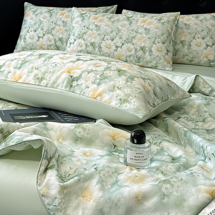 91家纺网 家纺一手货源 找家纺 慕晨 2025春夏新品莱赛尔天丝数码印花四件套莱赛尔夏被四件套天丝夏凉被直播热款 芳馨-绿