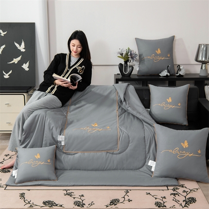 照世家纺 2025新款柔软透气全棉抱枕被-蝶影 蝶影-浅灰