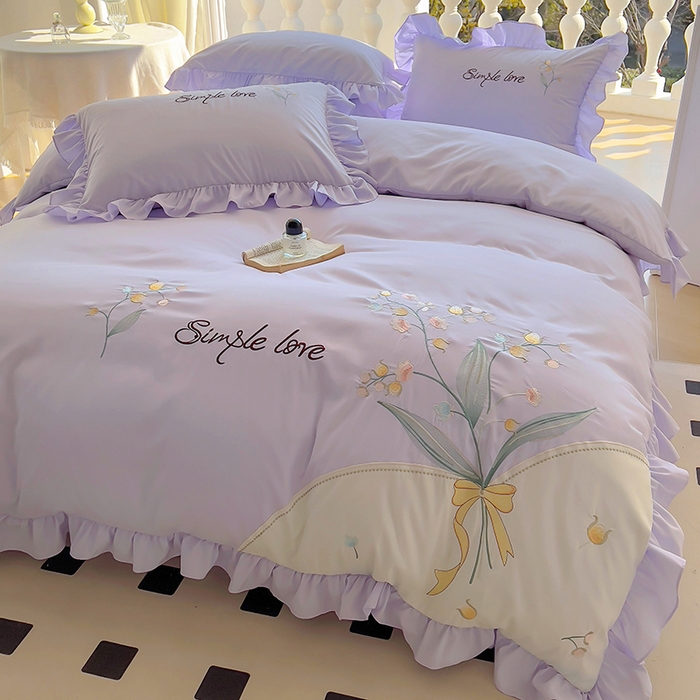 91家纺网 家纺一手货源 找家纺 凯美家居 2025新款超柔亲肤磨毛刺绣花仙子系列四件套 花仙子 浅紫