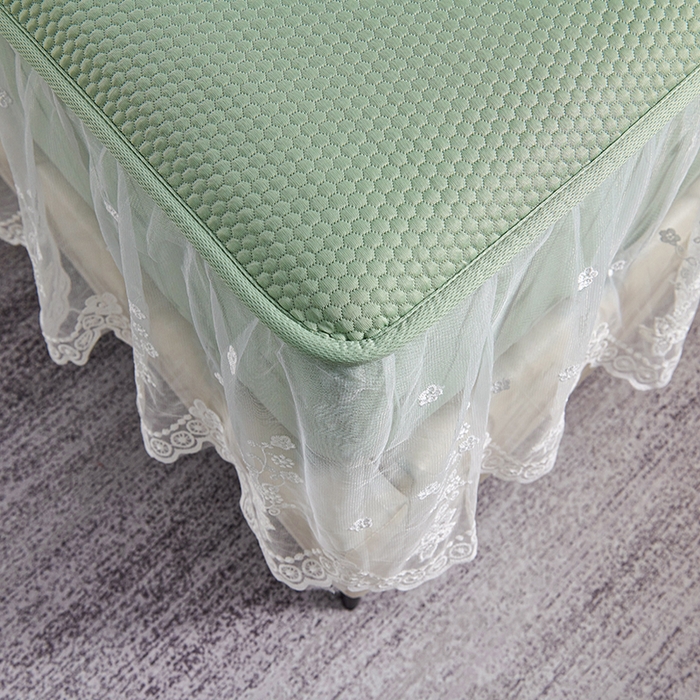 91家纺网 家纺一手货源 找家纺 青雅席业 2025新款7A抗菌母婴级纯乙纶PE刺绣凉感丝豆豆席 床笠花边款 爱心蝴蝶结-水绿