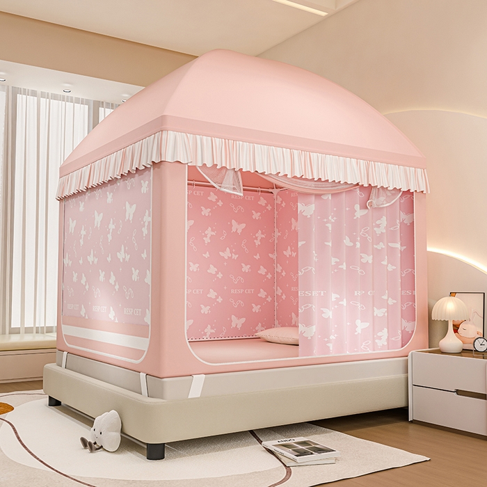 91家纺网 家纺一手货源 找家纺 冉美家纺 2025新款屋顶式遮光防尘防摔蚊帐 缤纷蝴蝶-樱花粉