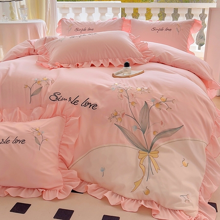 91家纺网 家纺一手货源 找家纺 凯美家居 2025新款超柔亲肤磨毛刺绣花仙子系列四件套 花仙子 粉玉