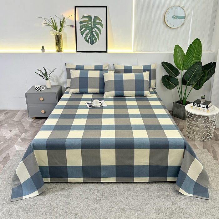 91家纺网 家纺一手货源 找家纺 伊而梦蚊帐 2025新款原棉老粗布床单 蓝灰格