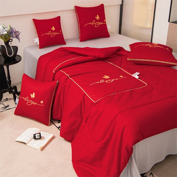 91家纺网 家纺一手货源 找家纺 照世家纺 2025新款柔软透气全棉抱枕被-蝶影 蝶影-大红