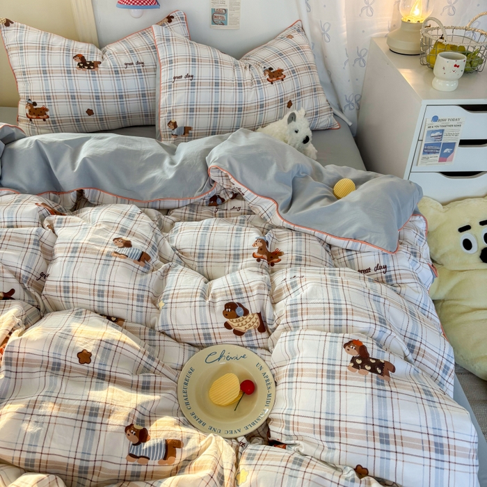 91家纺网 家纺一手货源 找家纺 潮邦创意家居 2025新款云柔棉立体嵌绳款小清新四件套 蓝格萌趣