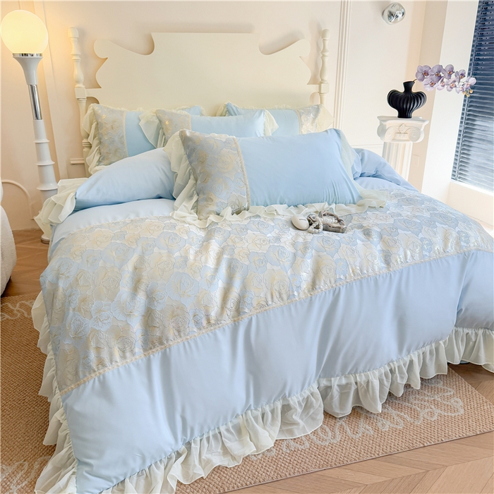 91家纺网 家纺一手货源 找家纺 富盛 2025新款水洗亲肤棉浮雕提花公主风四件套 月光恋人-蓝