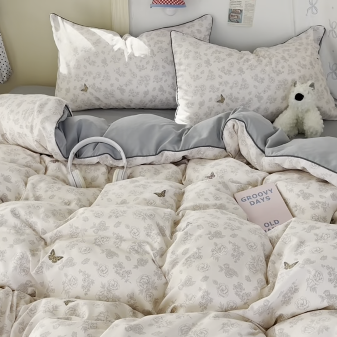 91家纺网 家纺一手货源 找家纺 潮邦创意家居 2025新款云柔棉立体嵌绳款小清新四件套 幻彩蝶韵