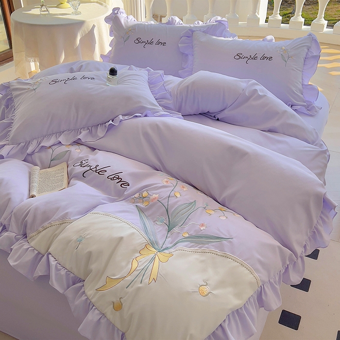 91家纺网 家纺一手货源 找家纺 凯美家居 2025新款超柔亲肤磨毛刺绣花仙子系列四件套 花仙子 浅紫