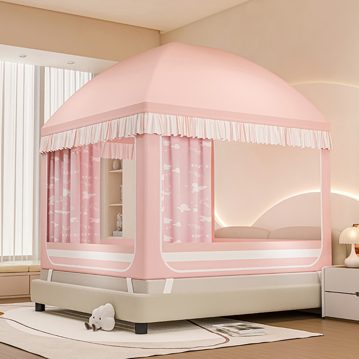 91家纺网 家纺一手货源 找家纺 冉美家纺 2025新款屋顶式遮光防尘防摔蚊帐 缤纷蝴蝶-樱花粉