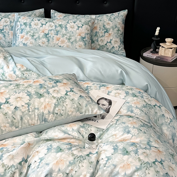 91家纺网 家纺一手货源 找家纺 慕晨 2025春夏新品莱赛尔天丝数码印花四件套莱赛尔夏被四件套天丝夏凉被直播热款 芳馨-兰