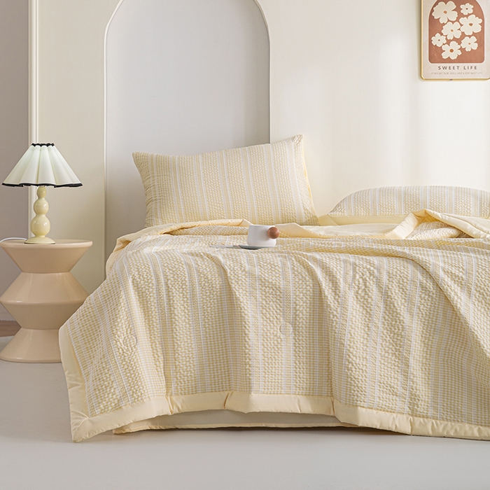 91家纺网 家纺一手货源 找家纺 吾诺 2025 韩式立体提花公主格大豆夏被子被芯夏凉被夏被四件套 公主格-黄