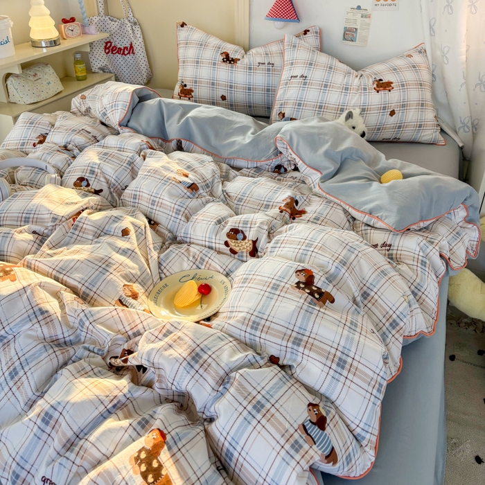 91家纺网 家纺一手货源 找家纺 潮邦创意家居 2025新款云柔棉立体嵌绳款小清新四件套 蓝格萌趣