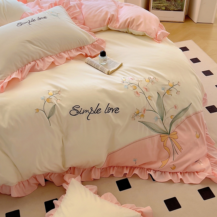 91家纺网 家纺一手货源 找家纺 凯美家居 2025新款超柔亲肤磨毛刺绣花仙子系列四件套 花仙子 白粉