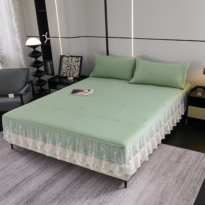 91家纺网 家纺一手货源 找家纺 青雅席业 2025新款7A抗菌母婴级纯乙纶PE刺绣凉感丝豆豆席 床笠花边款 爱心蝴蝶结-水绿