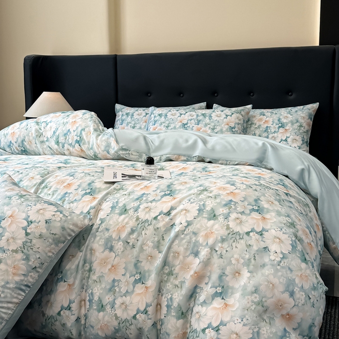 91家纺网 家纺一手货源 找家纺 慕晨 2025春夏新品莱赛尔天丝数码印花四件套莱赛尔夏被四件套天丝夏凉被直播热款 芳馨-兰