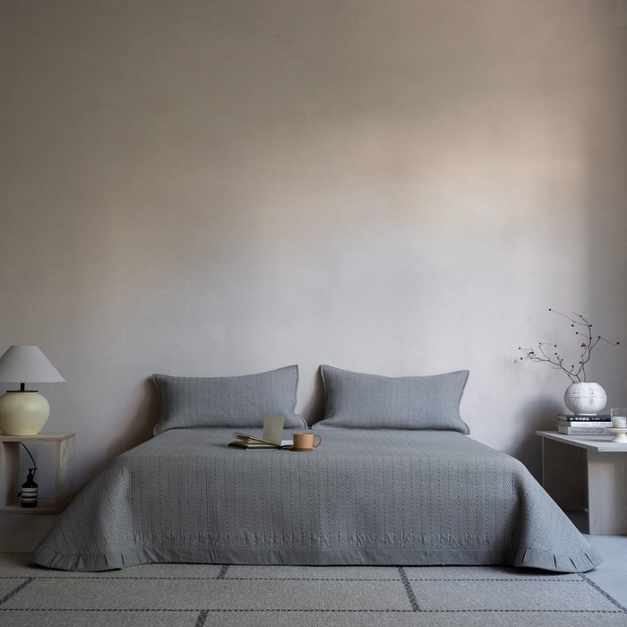 91家纺网 家纺一手货源 找家纺 璞素2025新款全棉色织三层纱床盖三件套-摩卡 摩卡灰