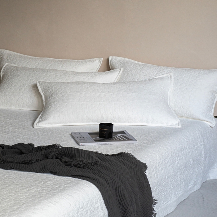 91家纺网 家纺一手货源 找家纺 （总）璞素2025新款全棉色织三层纱床盖三件套-落雪