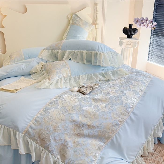 91家纺网 家纺一手货源 找家纺 富盛 2025新款水洗亲肤棉浮雕提花公主风四件套 月光恋人-蓝