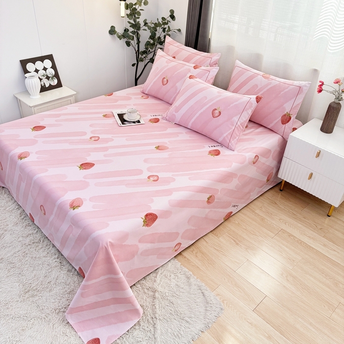 91家纺网 家纺一手货源 找家纺 伊而梦蚊帐 2025新款A类老粗布抗菌床单 大草莓-粉