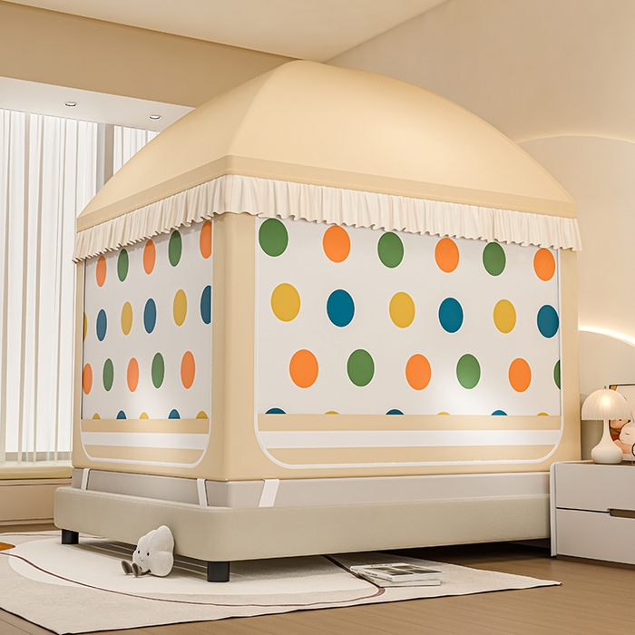 91家纺网 家纺一手货源 找家纺 冉美家纺 2025新款屋顶式遮光防尘防摔蚊帐 多彩点点-香槟