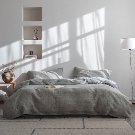 璞素2025新款全棉色织三层纱四件套-银河 银河灰