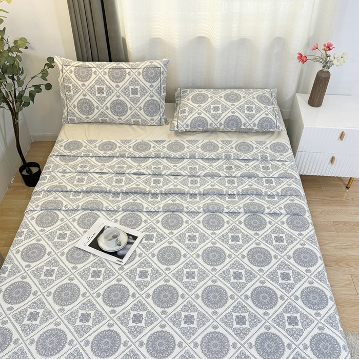 91家纺网 家纺一手货源 找家纺 伊而梦蚊帐 2025新款A类老粗布抗菌床单 十方景-蓝