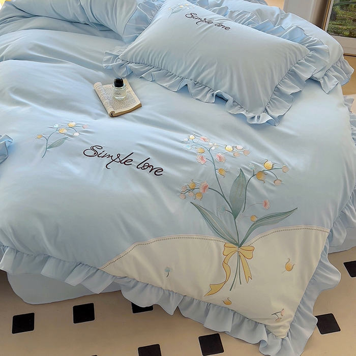 91家纺网 家纺一手货源 找家纺 凯美家居 2025新款超柔亲肤磨毛刺绣花仙子系列四件套 花仙子 浅蓝