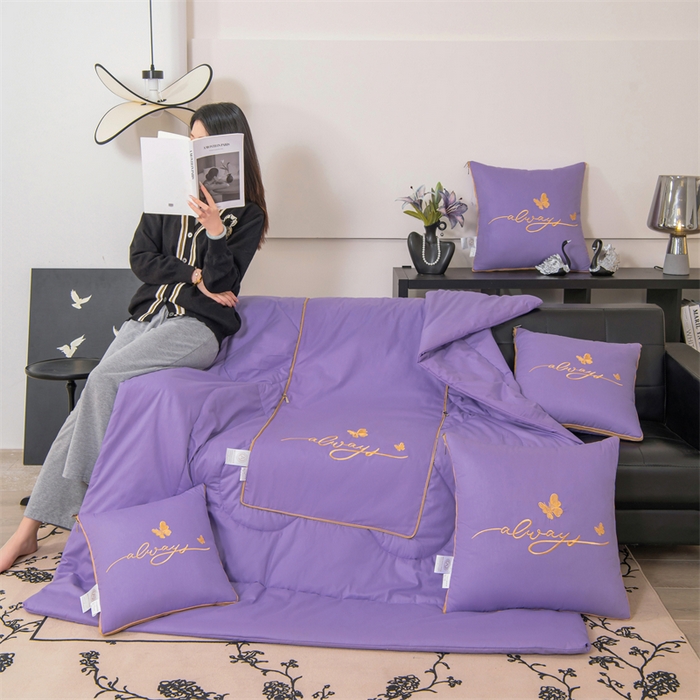 91家纺网 家纺一手货源 找家纺 照世家纺 2025新款柔软透气全棉抱枕被-蝶影 蝶影-紫色