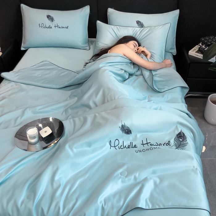 91家纺网 家纺一手货源 找家纺 吾诺 2025 双拼及羽毛刺绣夏被四件套绣花夏被水洗天丝夏被水洗真丝夏凉被空调被 羽毛-梵星蓝