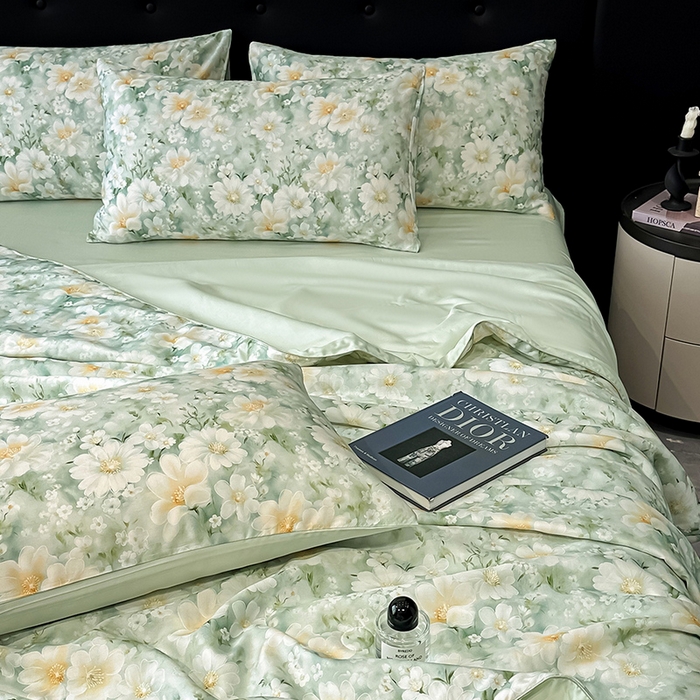 91家纺网 家纺一手货源 找家纺 慕晨 2025春夏新品莱赛尔天丝数码印花四件套莱赛尔夏被四件套天丝夏凉被直播热款 芳馨-绿