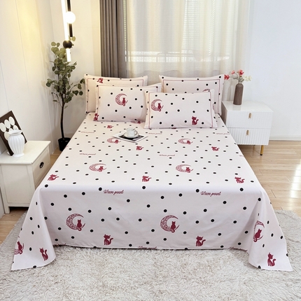 91家纺网 家纺一手货源 找家纺 伊而梦蚊帐 2025新款A类老粗布抗菌床单 波点猫-红