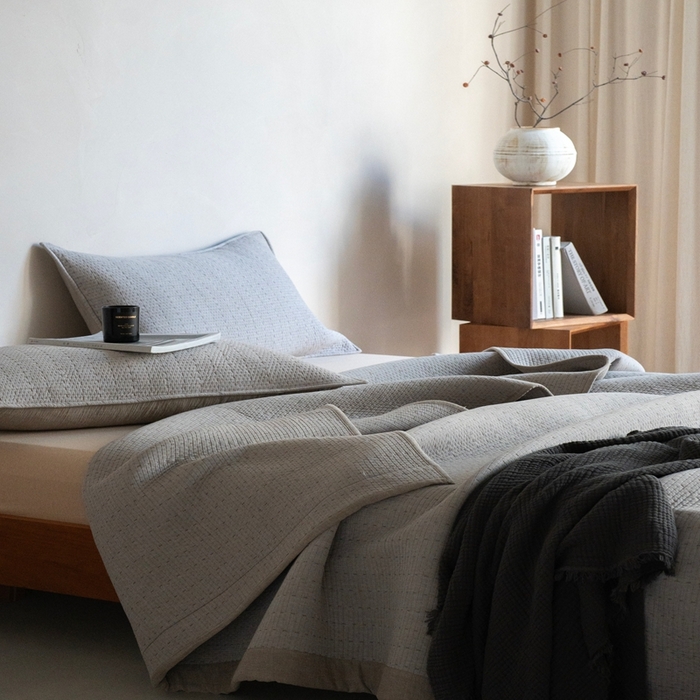 91家纺网 家纺一手货源 找家纺 璞素2025新款全棉色织三层纱床盖三件套-摩卡 摩卡咖