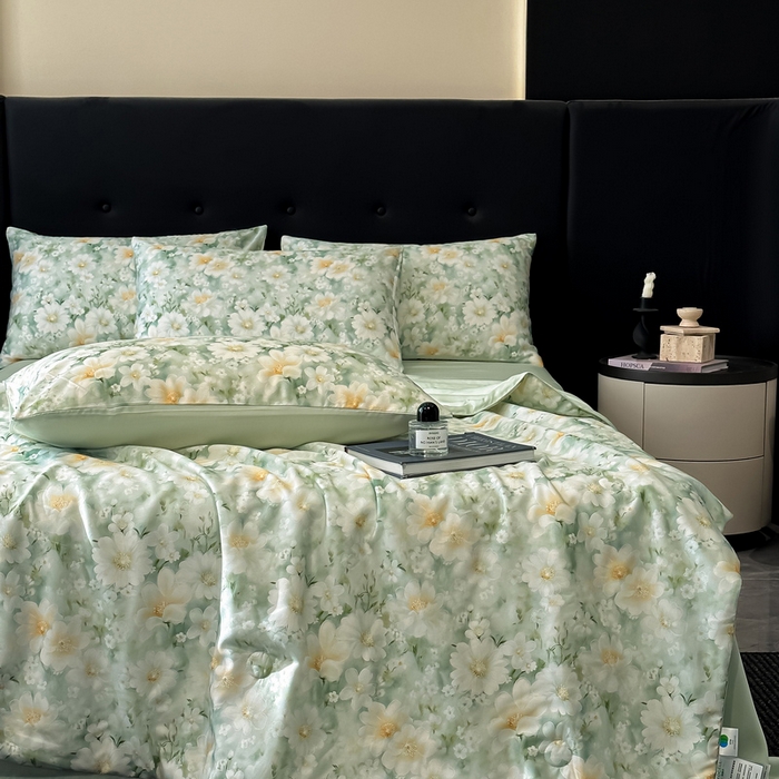 91家纺网 家纺一手货源 找家纺 慕晨 2025春夏新品莱赛尔天丝数码印花四件套莱赛尔夏被四件套天丝夏凉被直播热款 芳馨-绿