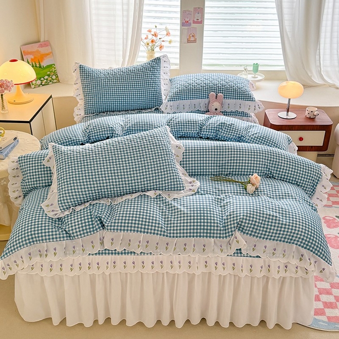 91家纺网 家纺一手货源 找家纺 （总）金盛皇朝家纺 2025新款格子空间水洗棉床裙