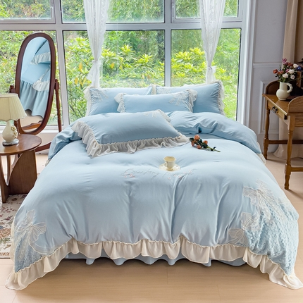 睡美人 2025韩版全锦棉刺绣公主风蕾丝床裙款四件套-蝶恋花 蝶恋花-青春兰