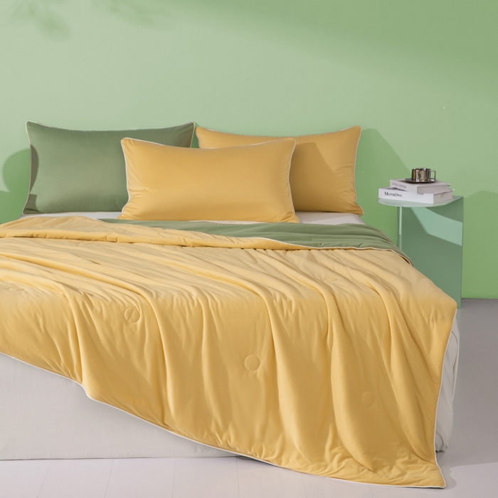 91家纺网 家纺一手货源 找家纺 吾诺 2025 针织棉夏被双拼色大豆夏被子被芯夏凉被空调被 杏黄-豆绿