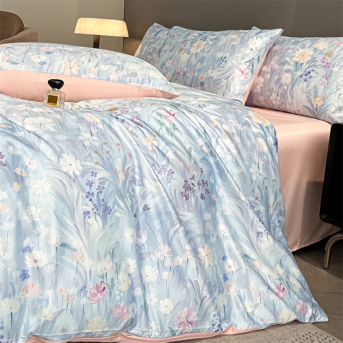 91家纺网 家纺一手货源 找家纺 笙意家纺2025新款水洗冰丝数码印花暗盒款四件套 花海