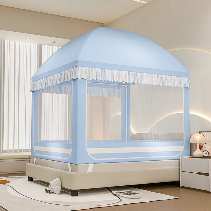 91家纺网 家纺一手货源 找家纺 冉美家纺 2025新款屋顶式遮光防尘防摔蚊帐 旅行兔-优雅蓝