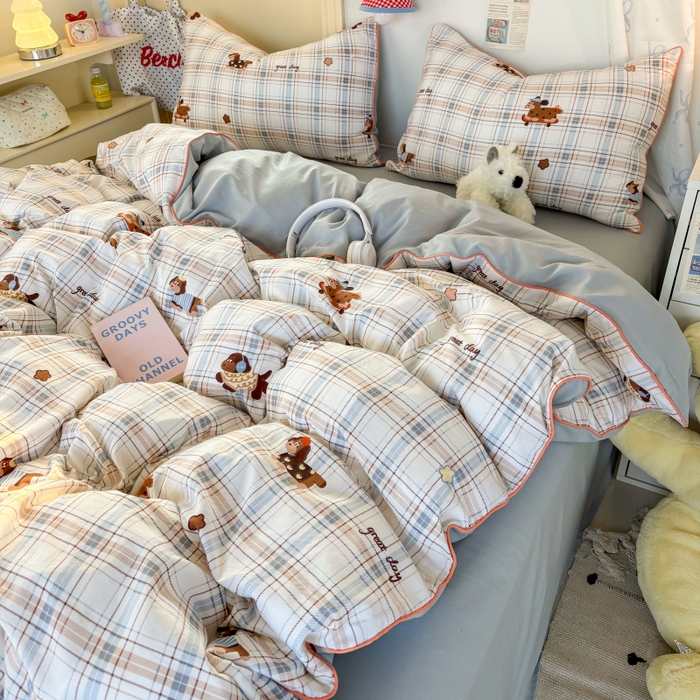 91家纺网 家纺一手货源 找家纺 潮邦创意家居 2025新款云柔棉立体嵌绳款小清新四件套 蓝格萌趣