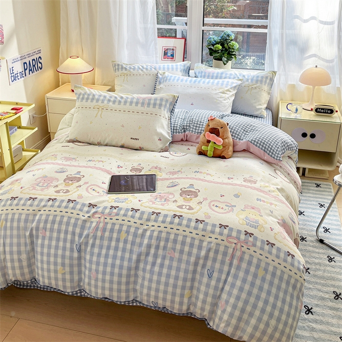 91家纺网 家纺一手货源 找家纺 盛秋家纺 2025新款卡通单被套 开心派对+蓝小格