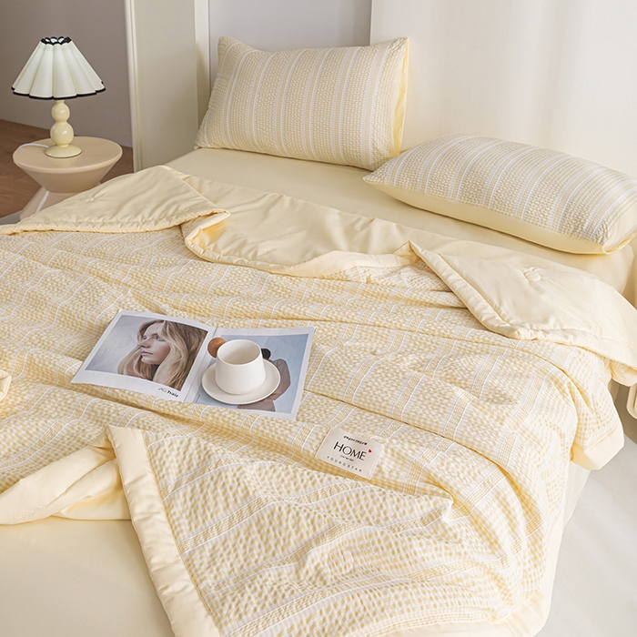 91家纺网 家纺一手货源 找家纺 吾诺 2025 韩式立体提花公主格大豆夏被子被芯夏凉被夏被四件套 公主格-黄