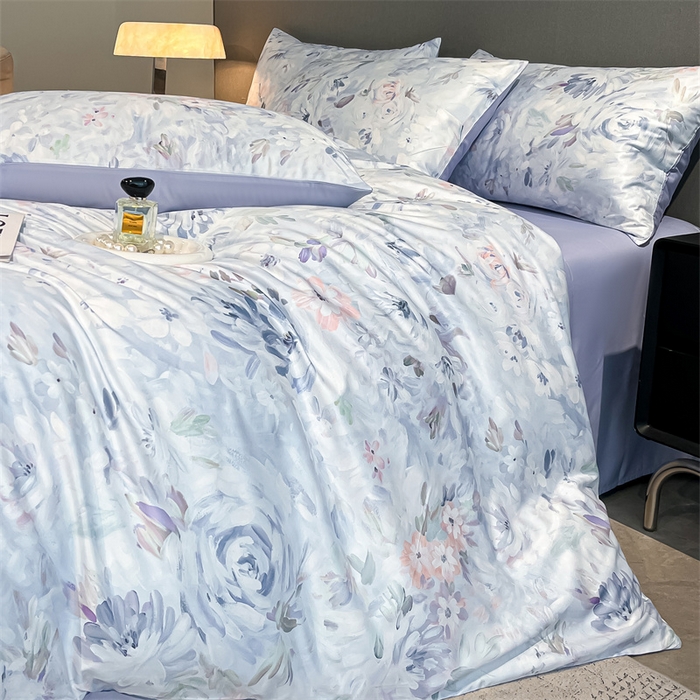 91家纺网 家纺一手货源 找家纺 笙意家纺2025新款水洗冰丝数码印花暗盒款四件套 兰汐