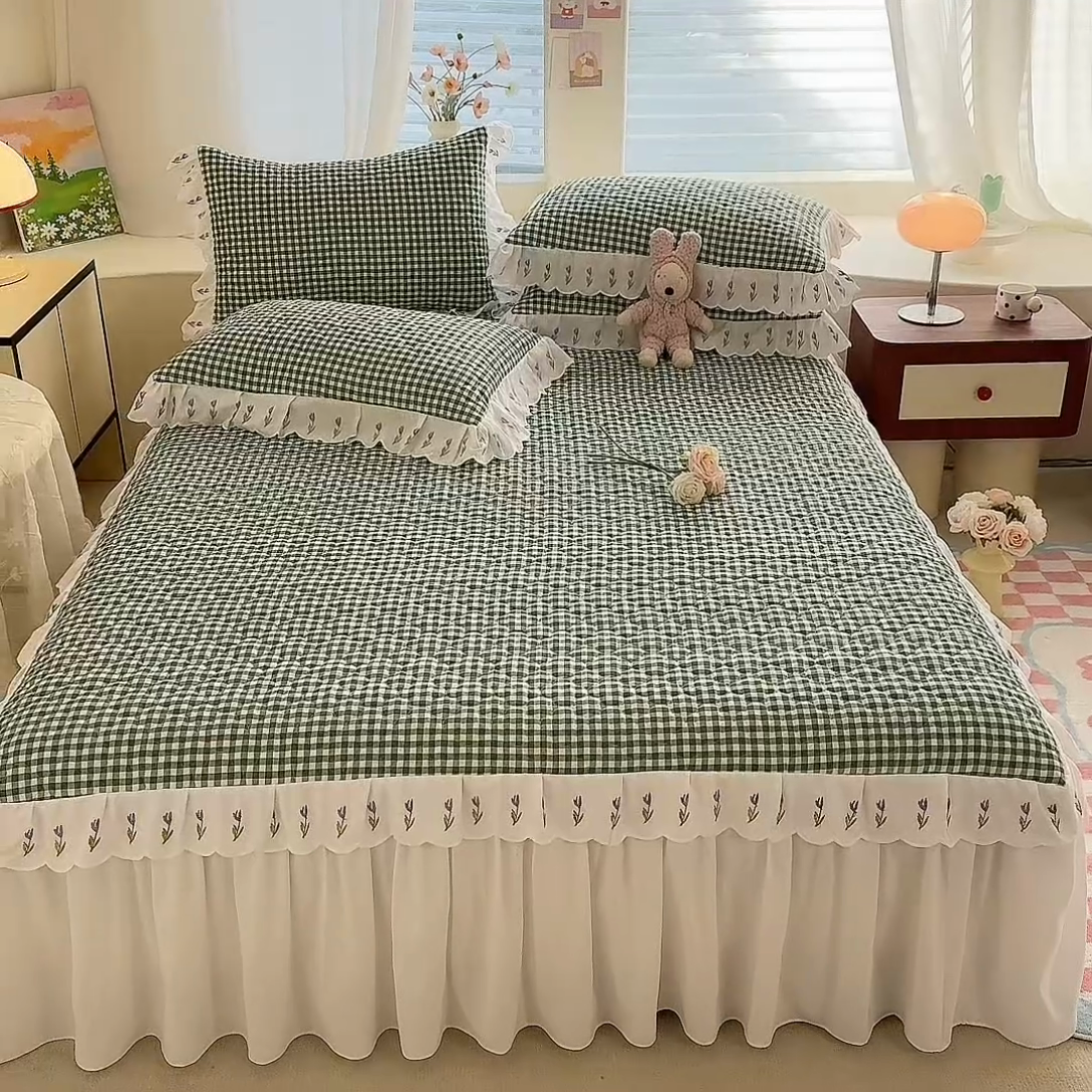 91家纺网 家纺一手货源 找家纺 （总）金盛皇朝家纺 2025新款格子空间水洗棉床裙