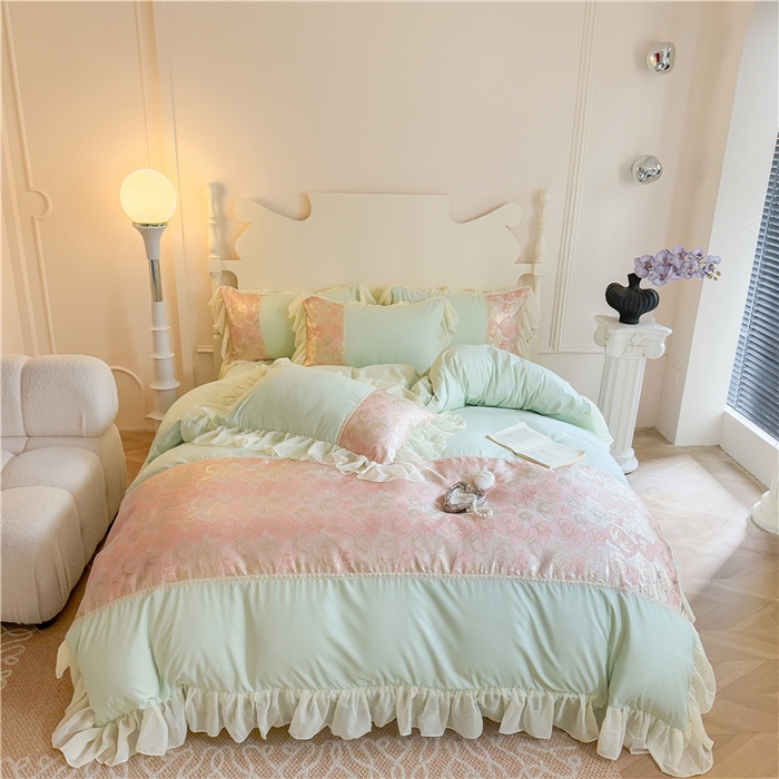 91家纺网 家纺一手货源 找家纺 富盛 2025新款水洗亲肤棉浮雕提花公主风四件套 月光恋人-绿