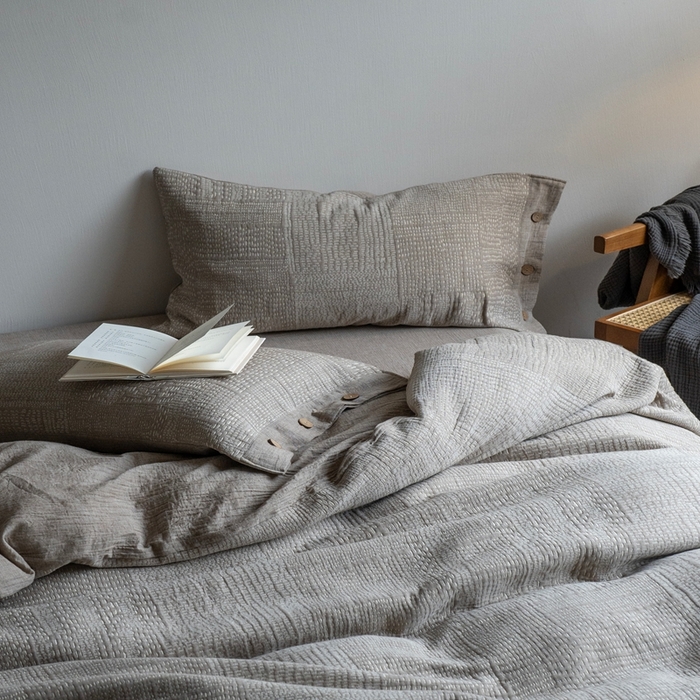 91家纺网 家纺一手货源 找家纺 璞素2025新款全棉色织三层纱四件套-银河 银河咖