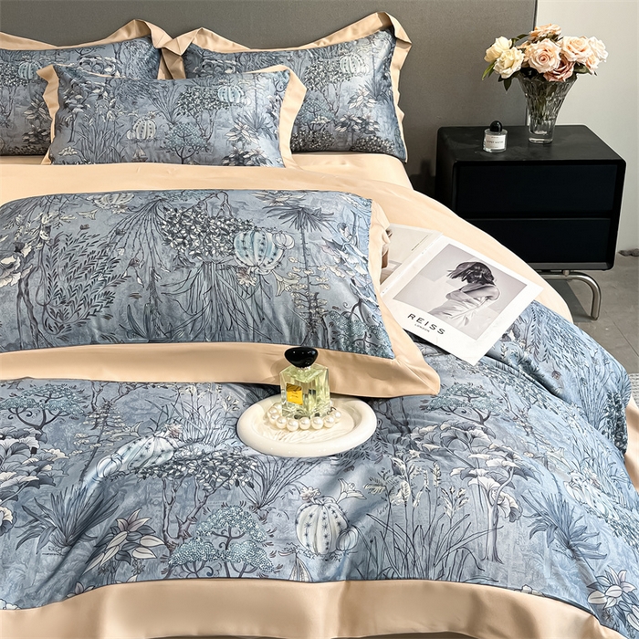 91家纺网 家纺一手货源 找家纺 笙意家纺 2025新款水洗冰丝数码印花宽边四件套 妙然-卡其