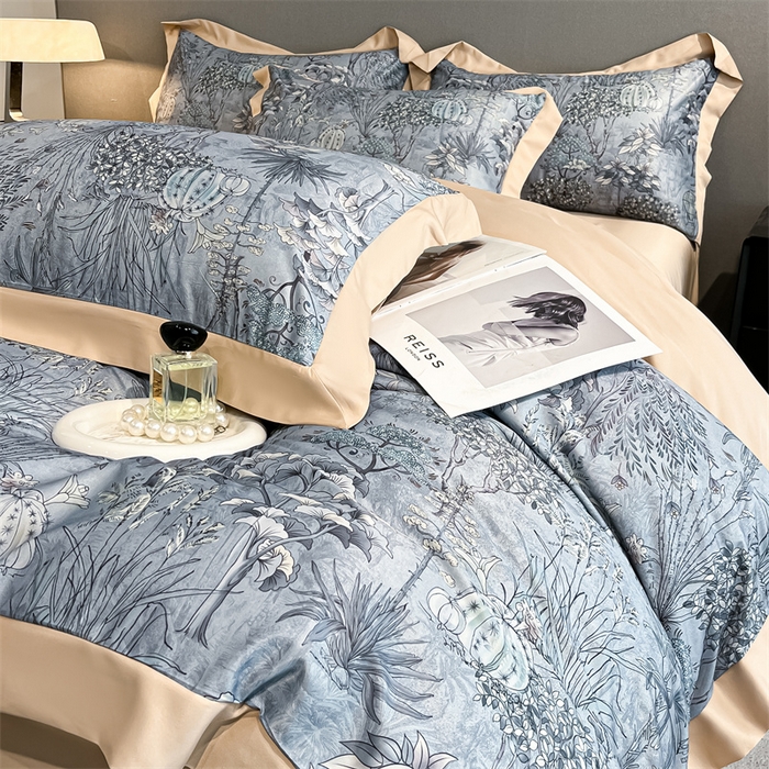 91家纺网 家纺一手货源 找家纺 笙意家纺 2025新款水洗冰丝数码印花宽边四件套 妙然-卡其