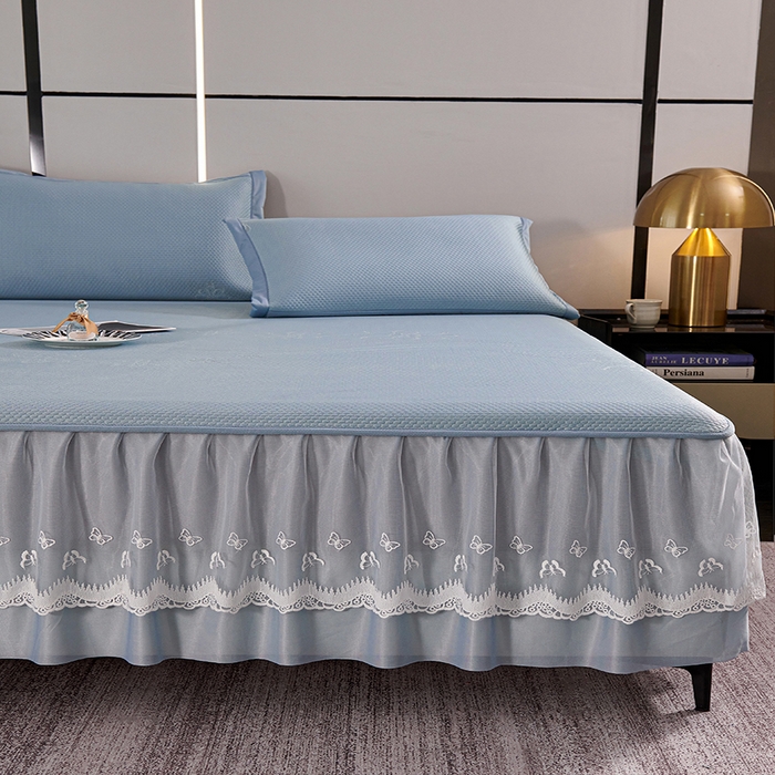 91家纺网 家纺一手货源 找家纺 青雅席业 2025新款7A抗菌母婴级纯乙纶PE刺绣凉感丝豆豆席 床裙款 浪花-蓝